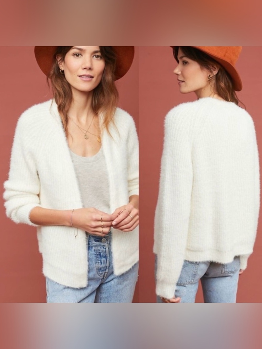 Anthropologie Sleeping on Snow Ivory Open Cardigan Sweater Cream Fluffy Soft M